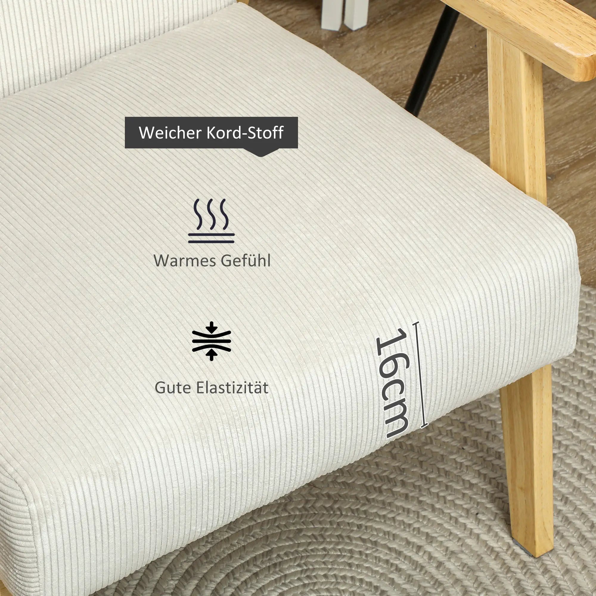 HOMCOM Polsterstuhl Wohnzimmer gemütlich Cordstoff cremeweiß
