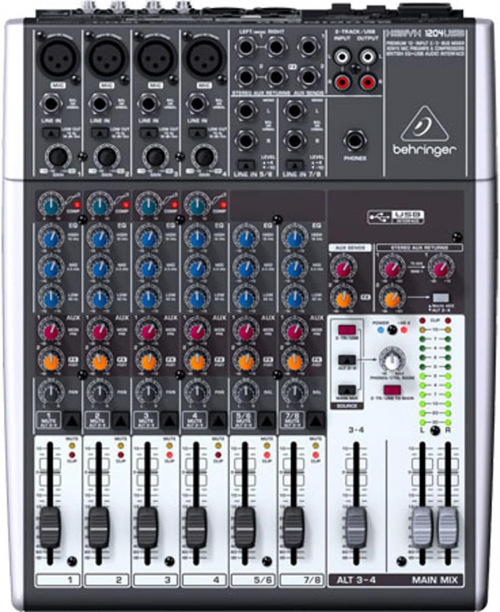 Behringer XENYX 1204USB Mixer premium a 12 ingressi 2/2-Bus con preamplificatori microfonici XENYX e compressori, EQ "britannico" e interfaccia USB/Audio
