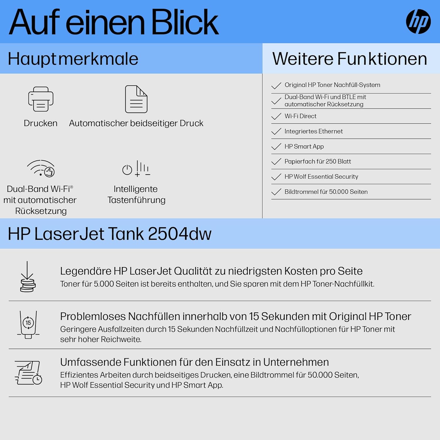 HP Laserjet Tank MFP 2604dw Laserdrucker, Drucker, Scanner, Kopierer, HP Smart App, inklusive Original HP Toner für bis zu 5000 Seiten, 23 Seiten/Min, beidseitig drucken, bis 600 x 600 DPI, Monochrom
