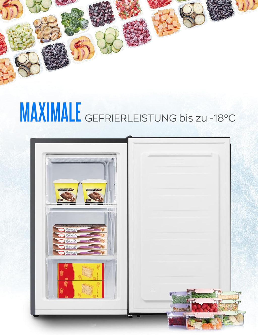 Congelatore Heinrich 61 litri -18°C, 3 cassetti congelatore, regolatore temperatura a 7 livelli, Airflow, porta reversibile, bianco
