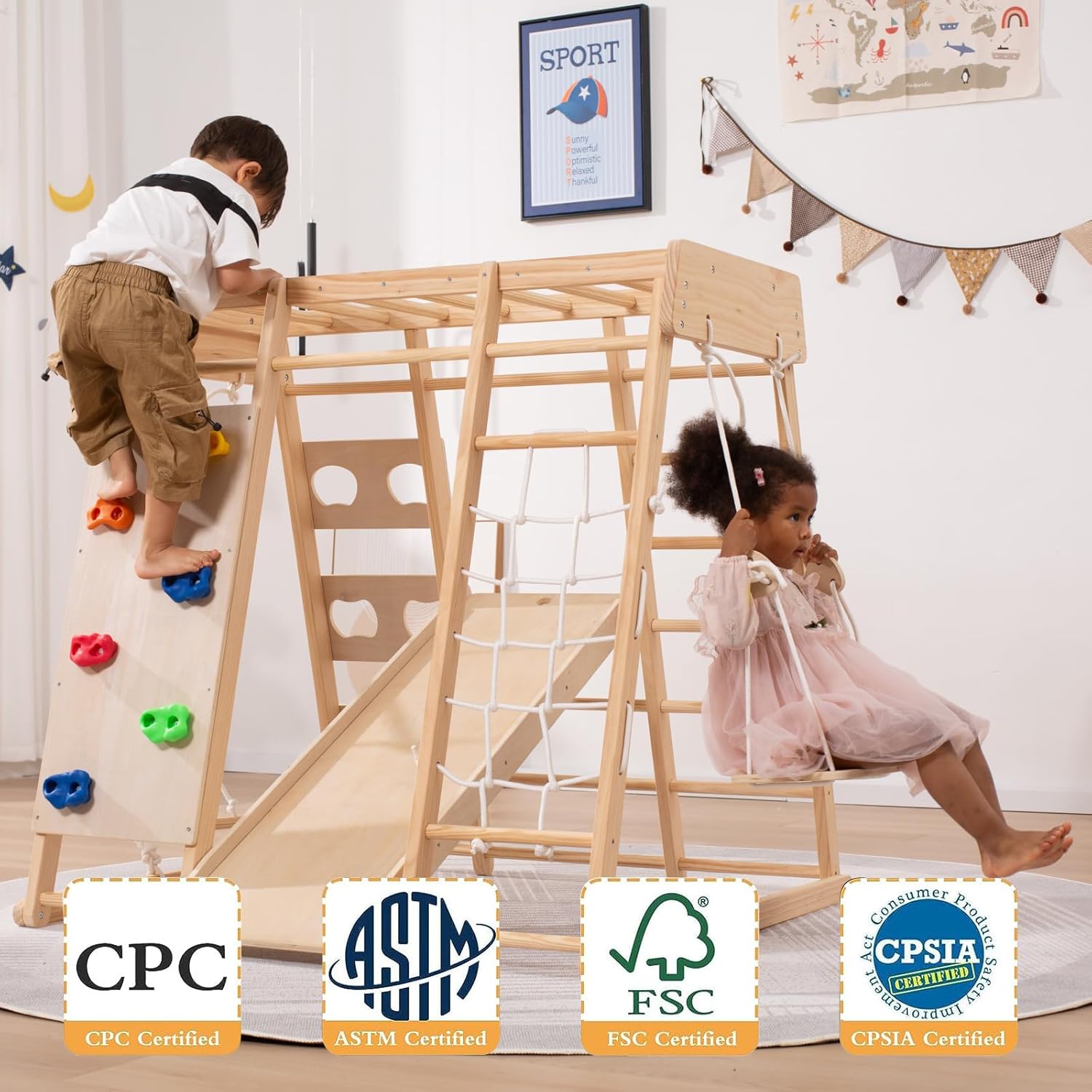 Struttura da arrampicata per fagiolo gigante Indoor, Parco giochi interno di medie dimensioni, Struttura da arrampicata per bambini da 2 a 5 anni, Giocattolo da arrampicata 8 in 1 per bambini con scivolo, parete da arrampicata, corda da arrampicata