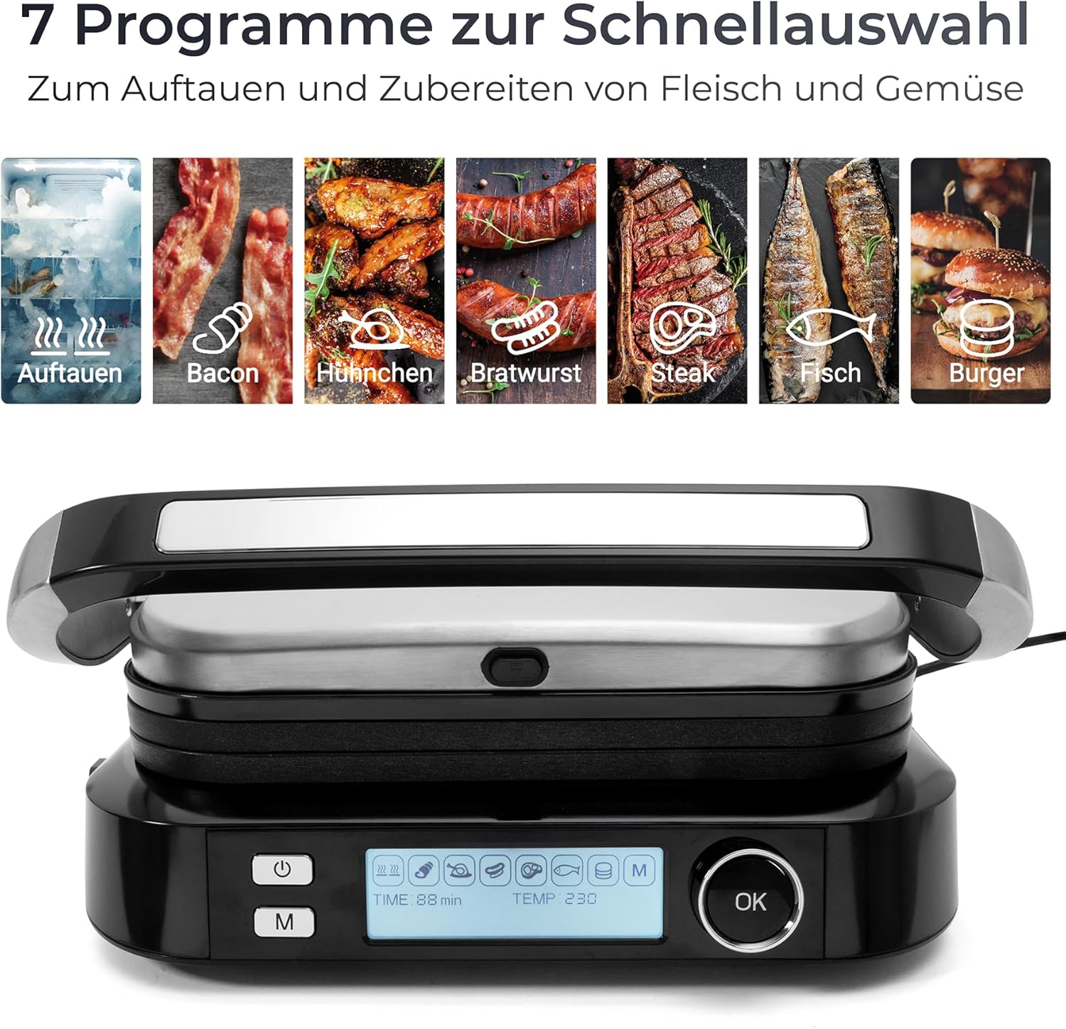 KLAMER Kontaktgrill, 7 Automatikprogramme, abnehmbare Platten, Antihaftbeschichtung, 2100W starker Plattengriller mit Cool-Touch-Griff, Schwarz & Edelstahl