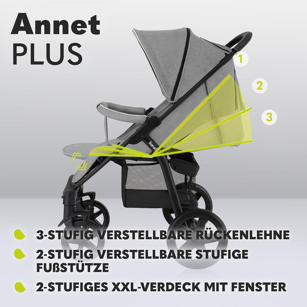 LIONELO Annet Buggy fino a 22 kg con funzione reclinabile, passeggino compatto richiudibile con accessori, ruote in schiuma EVA, zanzariera, coprigambe, portabevande, cestino (Golden Moments, Tour)