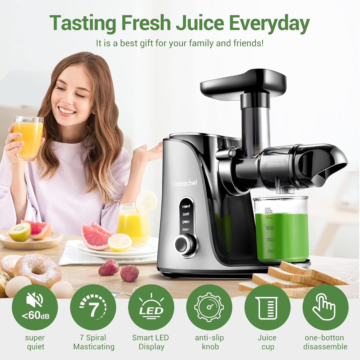 AMZCHEF Entsafter Slow Juicer leistungsstarker Entsafter für Obst und Gemüse mit 2 Geschwindigkeitsmodi, 500 ml Reiseflaschen - Large - Grau [Energieklasse A+++]