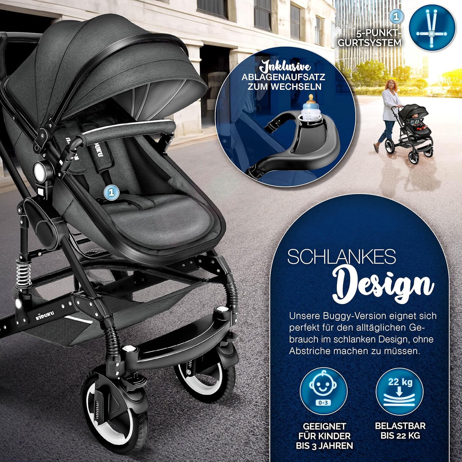 KIDUKU® Set completo passeggino 3 in 1 | Set passeggino combinato con navicella e sedile sportivo passeggino e seggiolino auto ovetto sacco a pelo | Ruote in gomma piena borsa per il cambio scaldamani parapioggia tavolino ECE R129