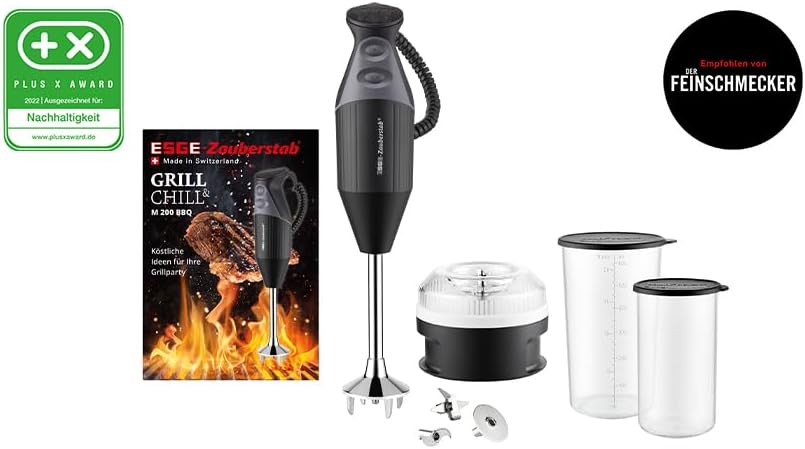 ESGE Zauberstab M 200 BBQ 98215 Frullatore a immersione nero, mixer, frullatore a mano, professionale, incl. accessori, fino a 17.000 giri/min, 200 Watt, design ergonomico dell'impugnatura, doppio interruttore, centratura a innesto, motore AC