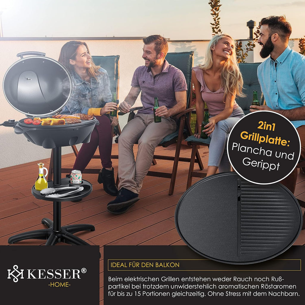 KESSER® Barbecue elettrico 2 in 1 da tavolo e da terra con coperchio, base, termometro max. 2400 Watt, piastra antiaderente XXL, ripiano, barbecue elettrico a colonna, set per barbecue incluso