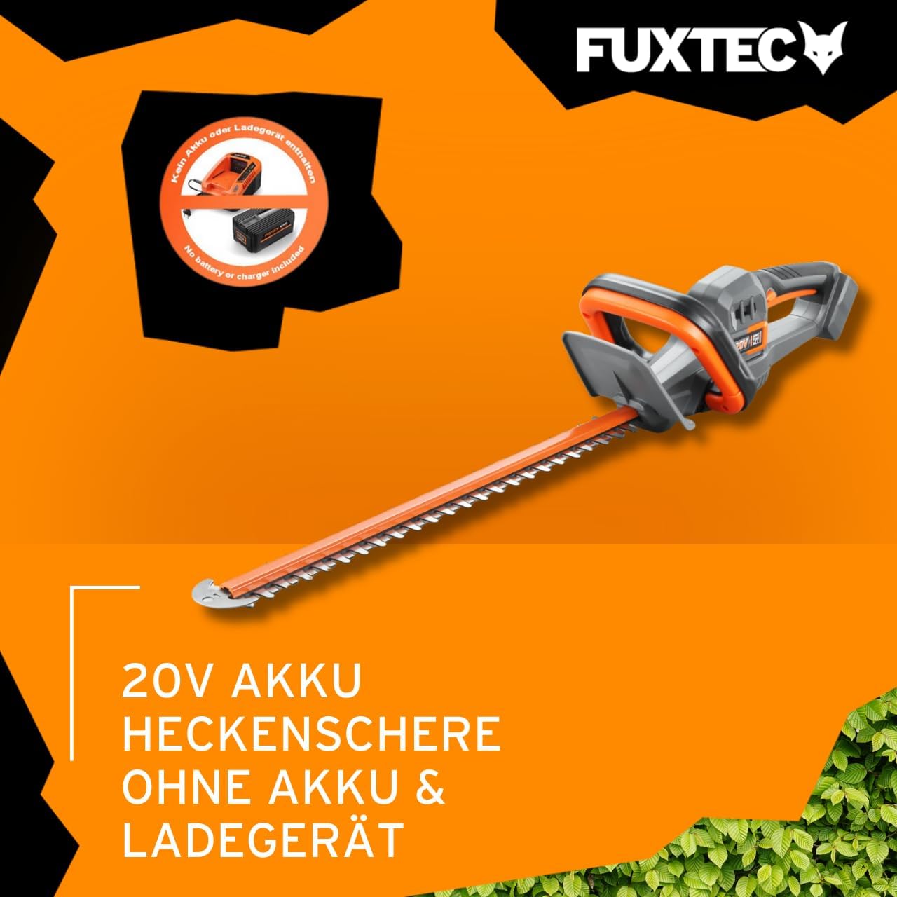 FUXTEC Heckenschere 20V inkl. Akku FX-E1HS20 Elektrischer Heckentrimmer mit Li-Ionen Batterie und Ladegerät – Schnittlänge 52 cm