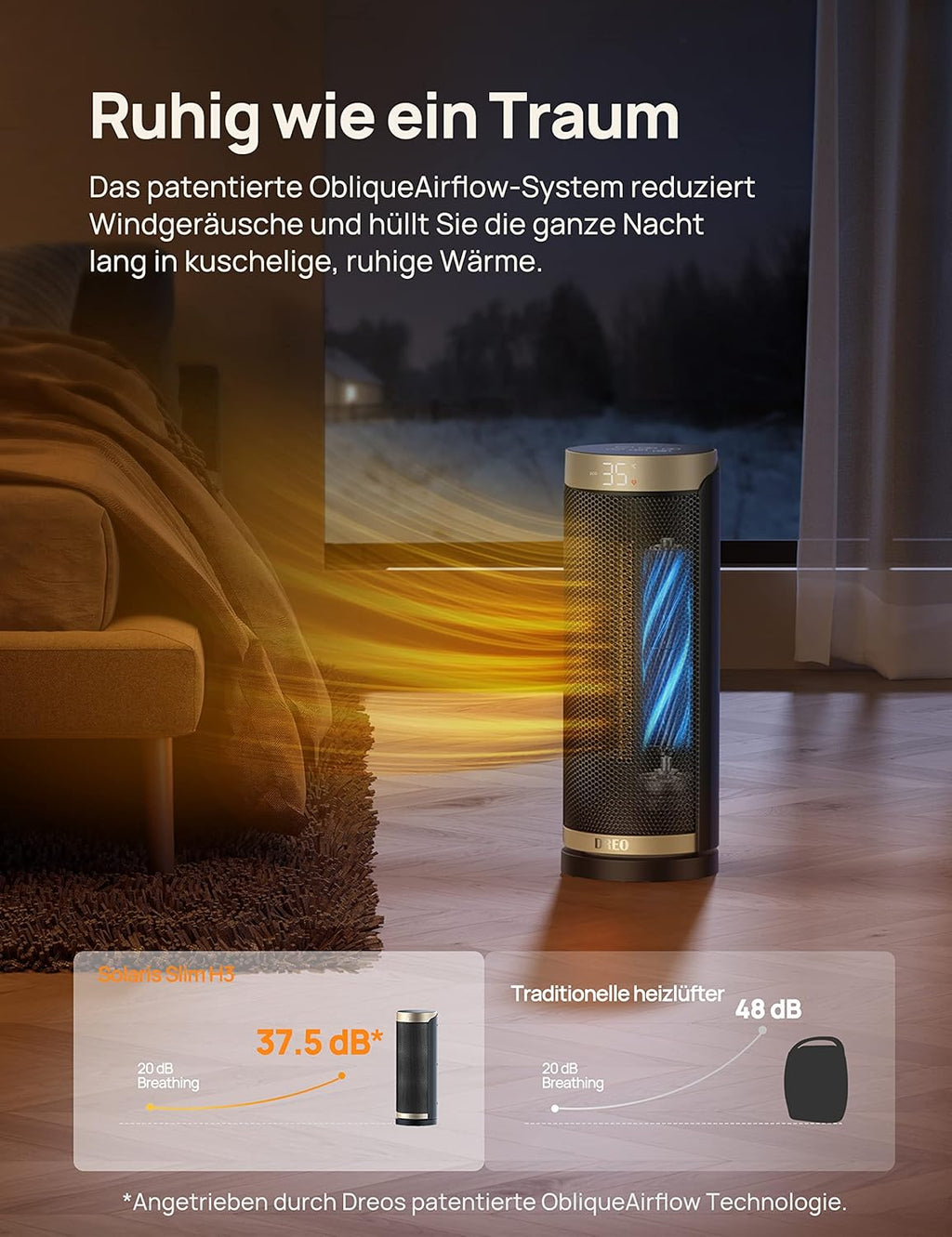 Dreo Heizlüfter Energiesparend, PTC Keramik Heizlüfte Leise, 70° Oszillierend Elektroheizung mit Fernbedienung, 12-Std-Timer, 3 Modus 3 Geschwindigkeit, berhitzungs-Kippschutz, Solaris Slim H3