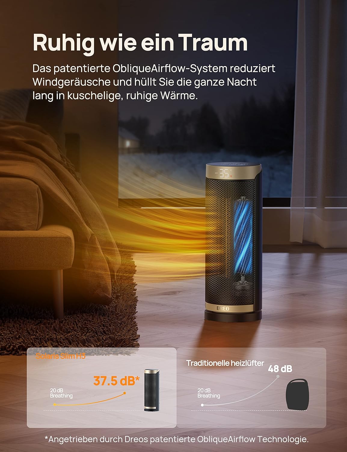 Dreo Heizlüfter Energiesparend, PTC Keramik Heizlüfte Leise, 70° Oszillierend Elektroheizung mit Fernbedienung, 12-Std-Timer, 3 Modus 3 Geschwindigkeit, berhitzungs-Kippschutz, Solaris Slim H3