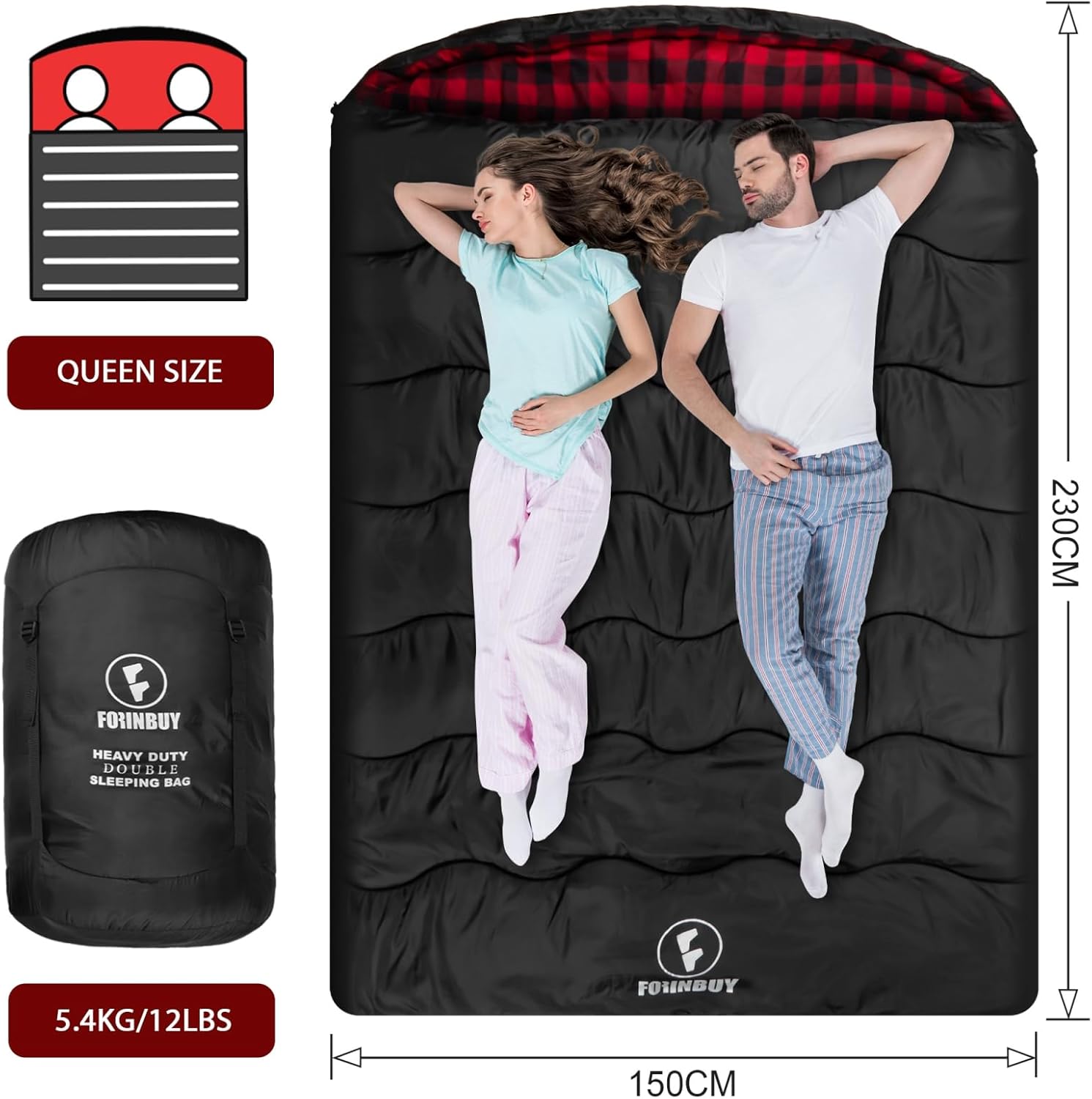FORINBUY Sacco a pelo doppio in flanella invernale per adulti – Sacco a pelo da esterno caldo, impermeabile, per 2 persone, formato Queen Size – Ideale per famiglie, campeggio e viaggi in camper