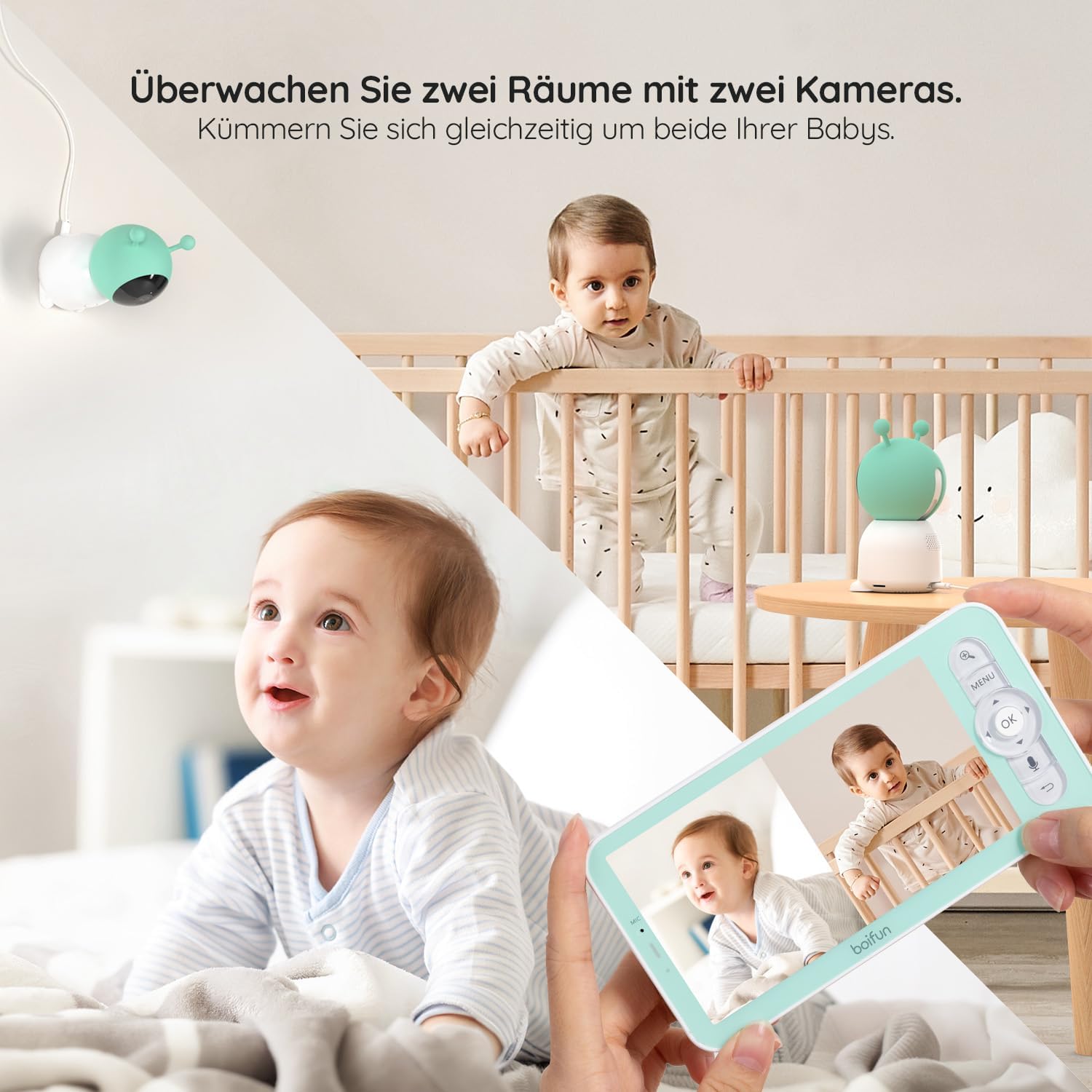BOIFUN Babyphone mit 2 Kamera App, 2K HD Bild, PTZ 355°/60°, 4×Zoom, Automatische Verfolgung, Weinen/Bewegungs/Geräuscherkennung, Temperatur und Feuchtigkeitsmessung
