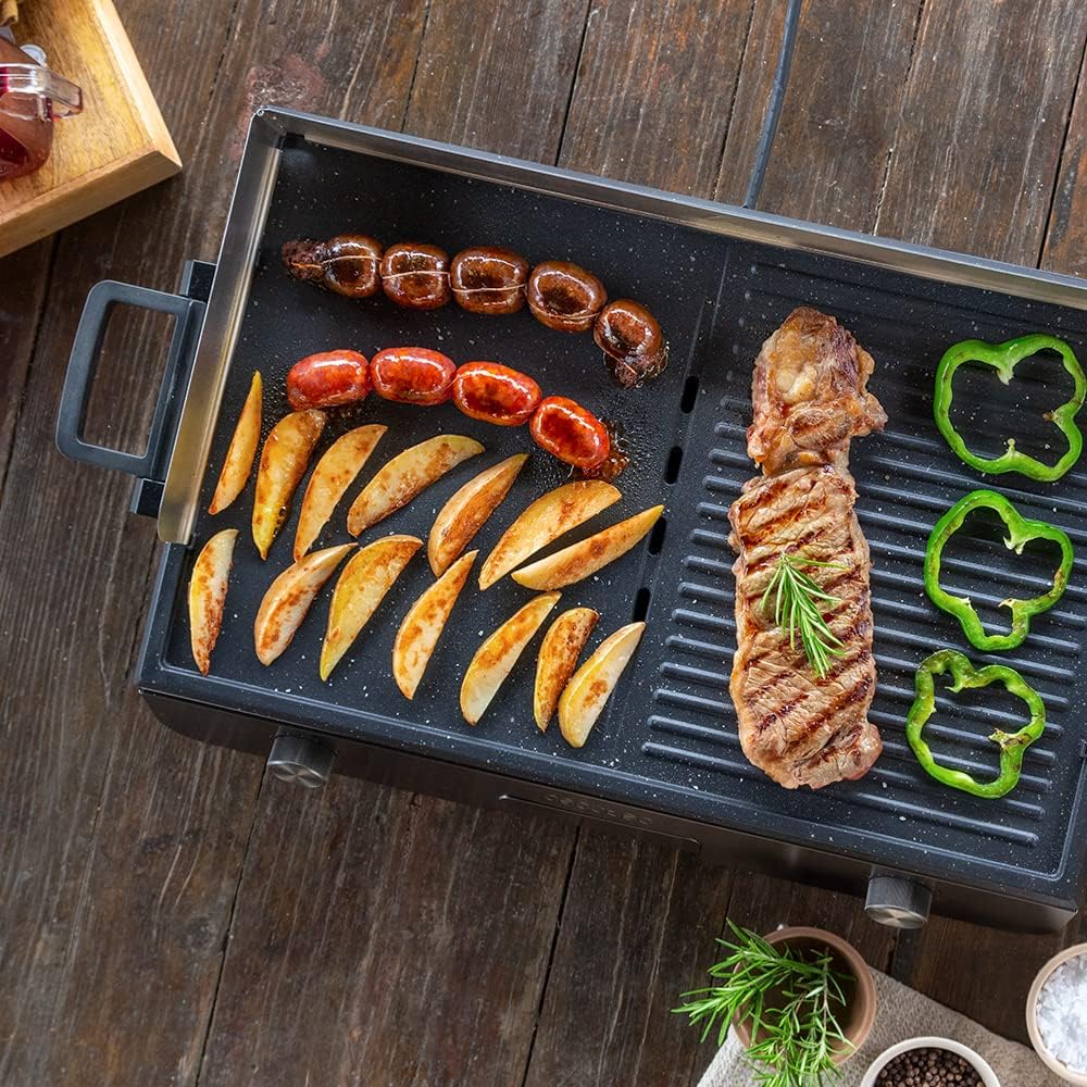 Cecotec Elektrischer Grill Perfect Country 2000 EasyMove. 2000 W, Mix- und Antihaft-Oberfläche, klappbarer Deckel, einstellbares Thermostat, Fettauffangschale, Stahlbeine und Räder