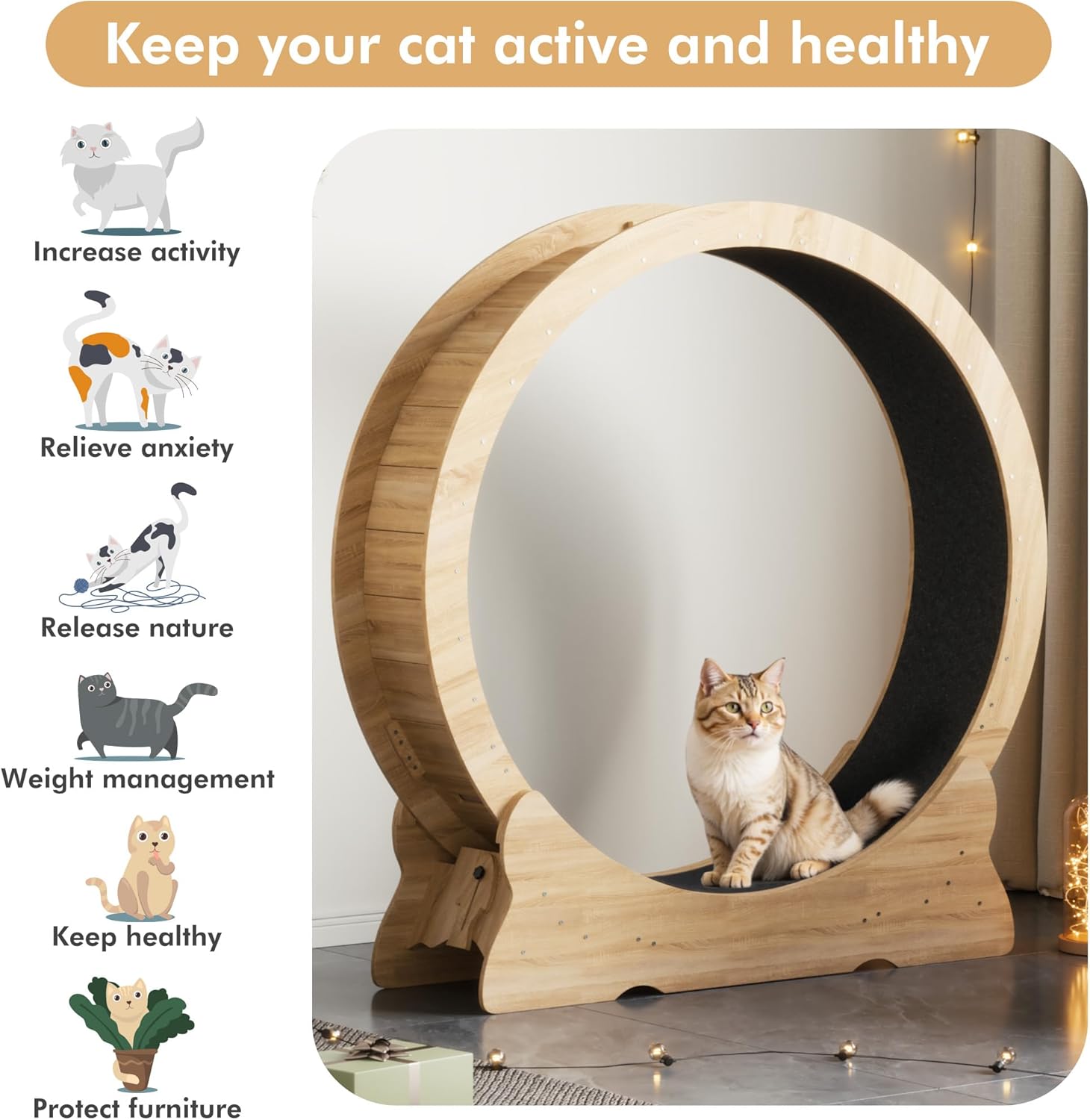 Mondeer Ruota per gatti da interno, tapis roulant da 110 cm con tappeto rimovibile, ruota da corsa in legno per gatti di taglia piccola, media e grande, attrezzo per fitness e perdita di peso, nero