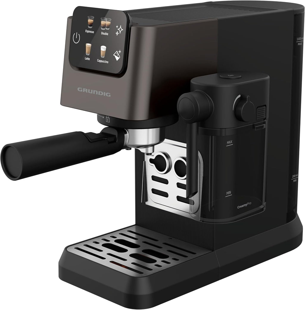 GRUNDIG KSM 5330 Macchina da caffè con portafiltro e contenitore per il latte integrato, 1628 W di potenza, 15 bar di pressione della pompa, ugello doppio, display touch a colori, BrewSense, CreamyPro, Inox scuro/Nero