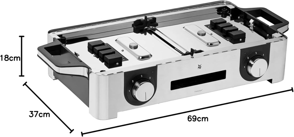 WMF Lono Master-Grill, Grill Elettrico, 50x28 cm, Grill Elettrico da Tavolo con Paravento e Vaschetta Raccogligocce, Certificato per Esterni per Barbecue, 2 Superfici di Cottura Regolabili Separatamente, 2400 W, Acciaio Inossidabile Opaco