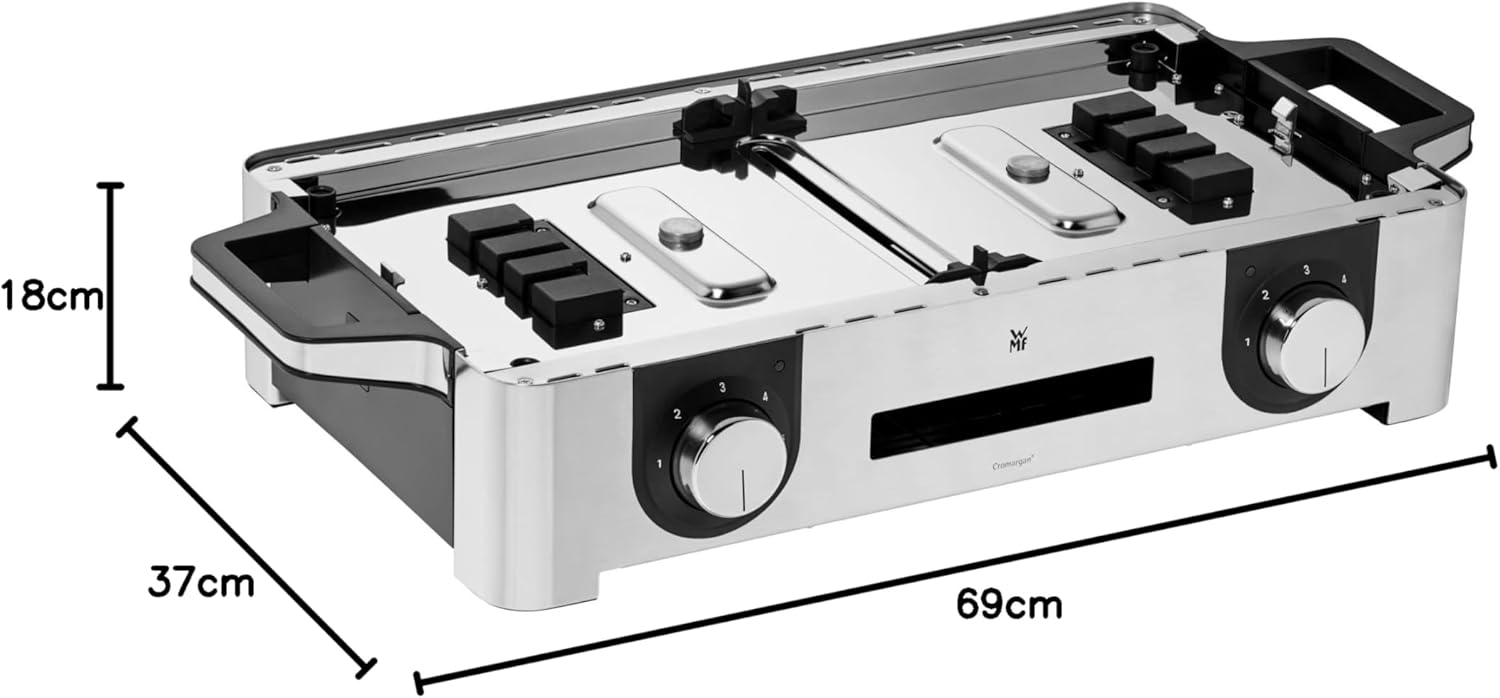 WMF Lono Master-Grill, Grill Elettrico, 50x28 cm, Grill Elettrico da Tavolo con Paravento e Vaschetta Raccogligocce, Certificato per Esterni per Barbecue, 2 Superfici di Cottura Regolabili Separatamente, 2400 W, Acciaio Inossidabile Opaco
