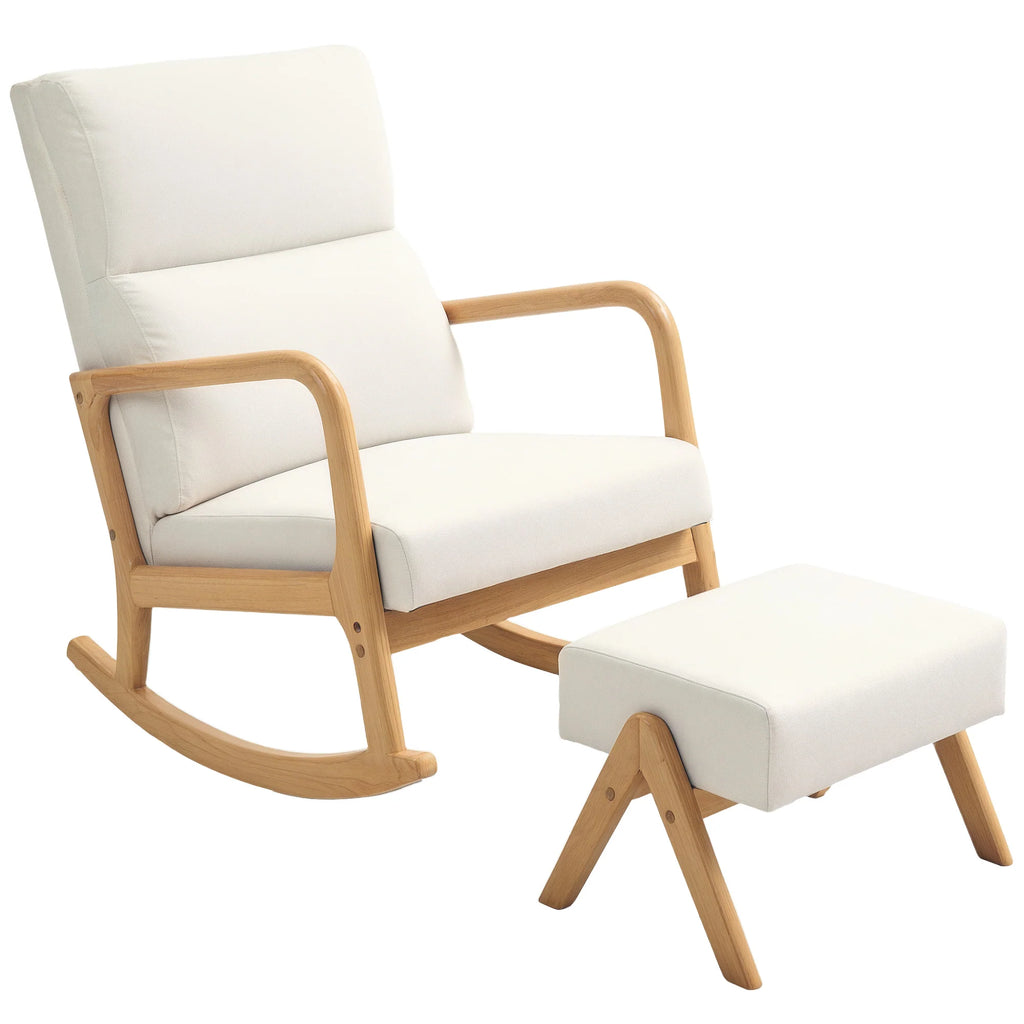HOMCOM Poltrona a dondolo con pouf, dondolio rilassante, bianco crema