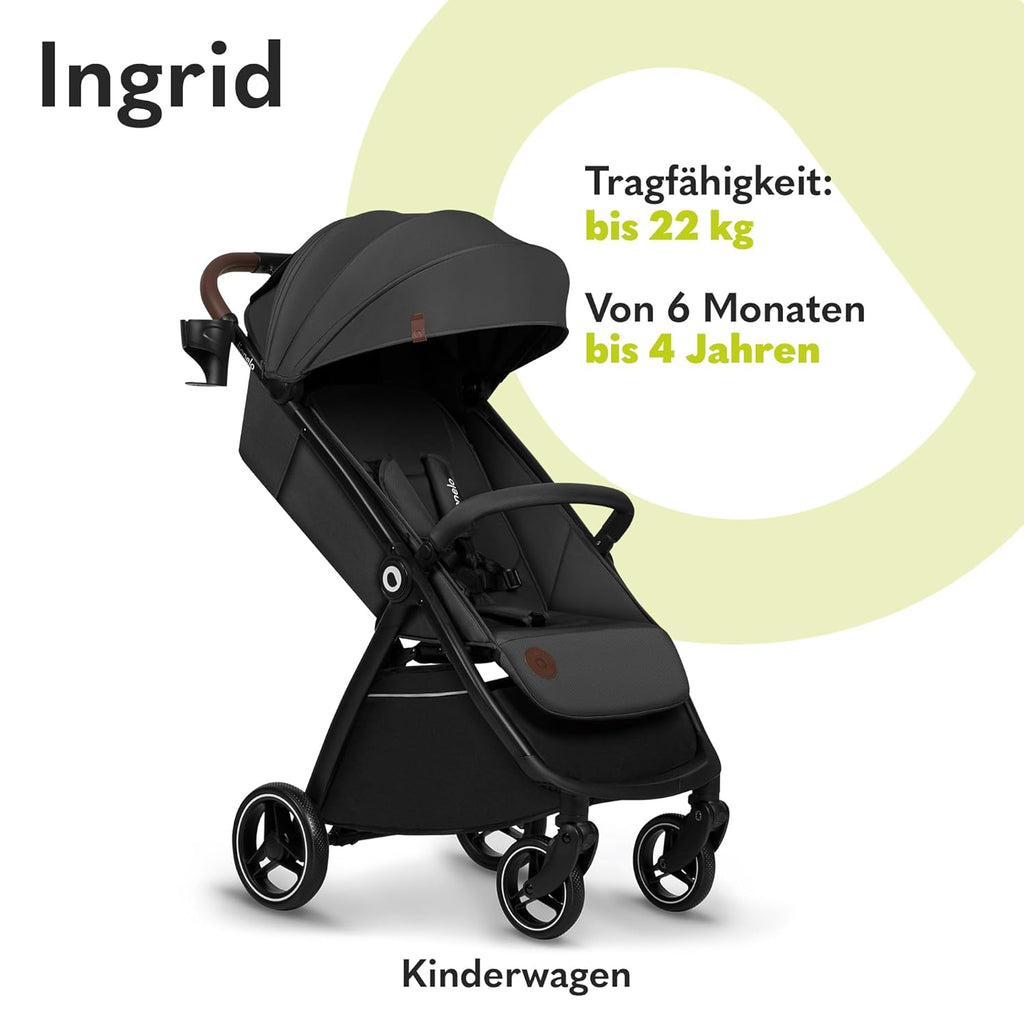 LIONELO INGRID Kinderwagen bis 22 kg von 6 Monaten bis 4 Jahren Große 360° schwenkbare Räder Volle Federung Einhändig zusammenklappbar Verstellbare Rückenlehne und Fußstütze Großes XXL-Verdeck