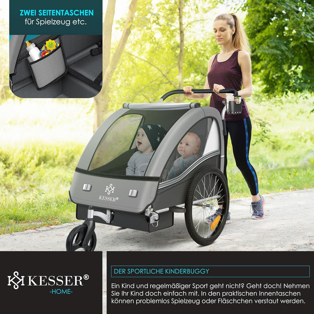 KESSER® Kinderfahrradanhänger Sport-RX 2in1 Jogger & Buggy 5-Punkt-Gurt Sicherheitsgurt 360° Vorderrad Kinderfahrradanhänger Reflektoren für 1-2 Kinder (max. 40 kg) Getränkehalter & Smartphonefach