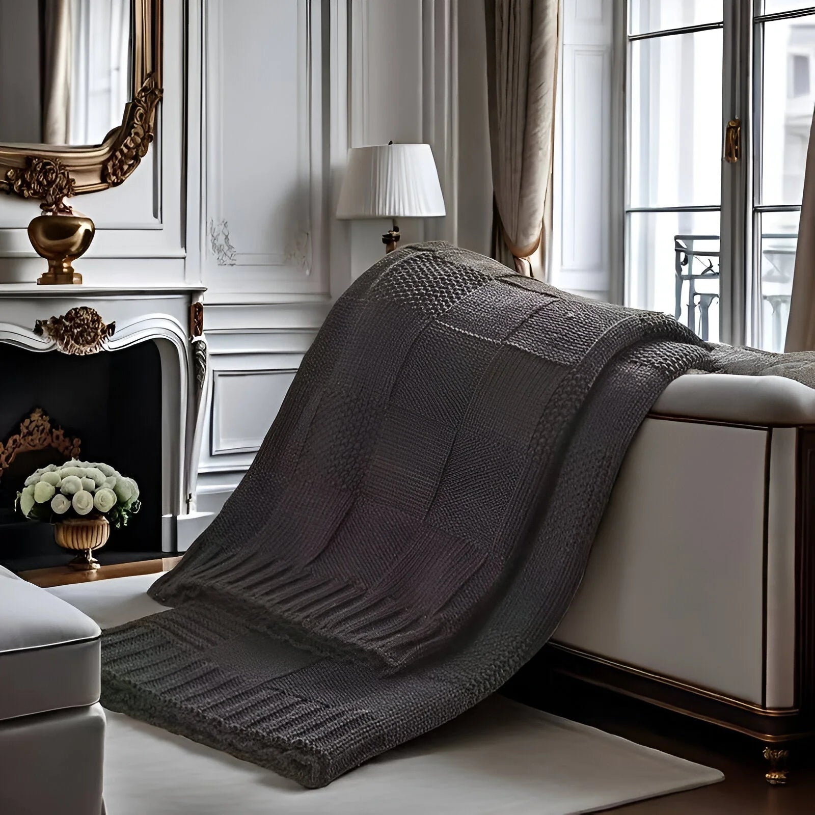 MonoKnit Coperta lavorata a maglia – Coperta in pile acrilico a righe di alta qualità, in bianco e nero, per letto e divano