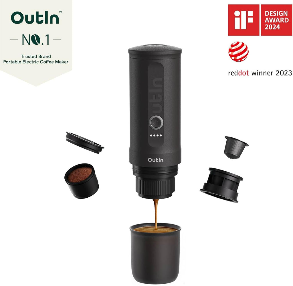 OutIn Nano Tragbare Espressomaschine mit Akku, für unterwegs oder Camping, Kaffeemaschine to go, mit elektrischer Selbsterhitzung über USB - C, 2 in 1 für gemahlenen kaffee und NS - kapseln