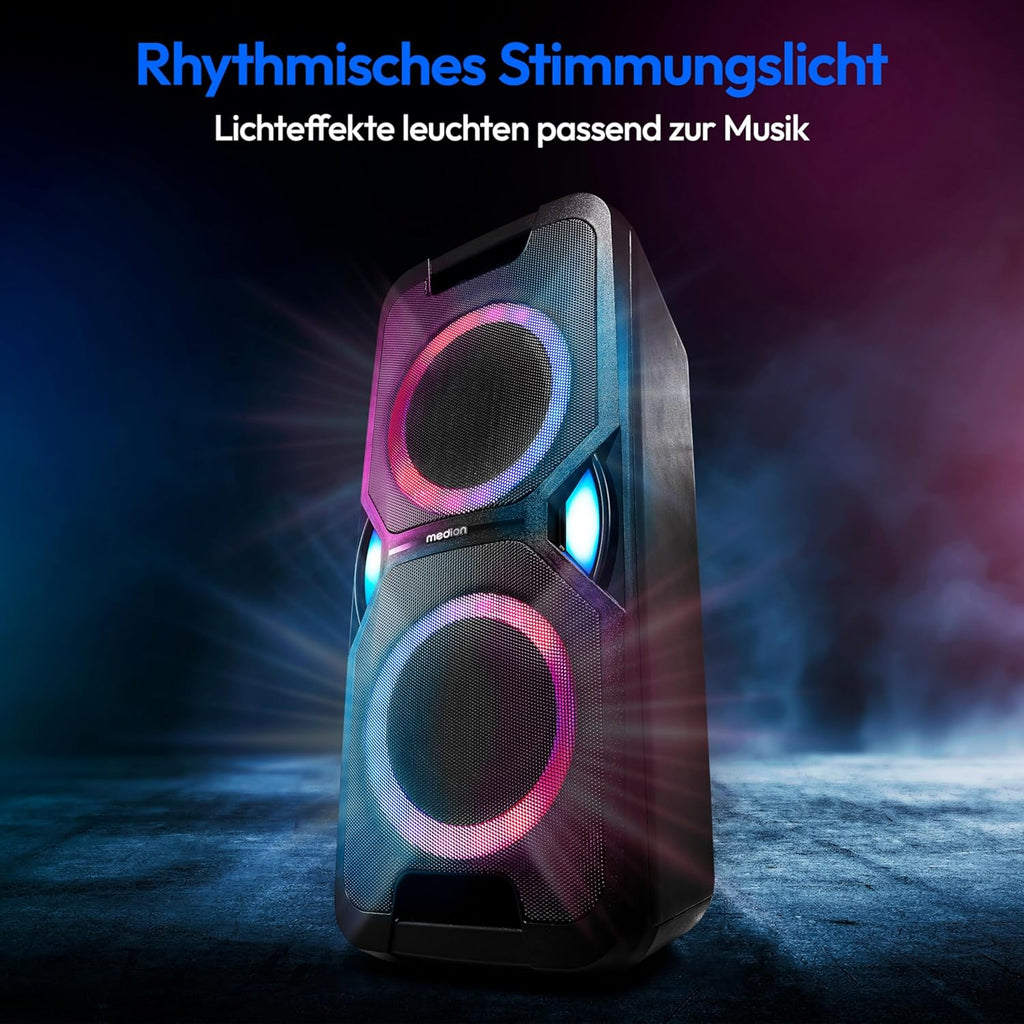 MEDION P61468 Party-Soundsystem (Altoparlante da festa con microfono, Karaoke, Batteria, Radio FM, Bluetooth 5.0, Sistema compatto, 2x 220 Watt, LED colorati, USB, AUX, 2x connettori per microfono)