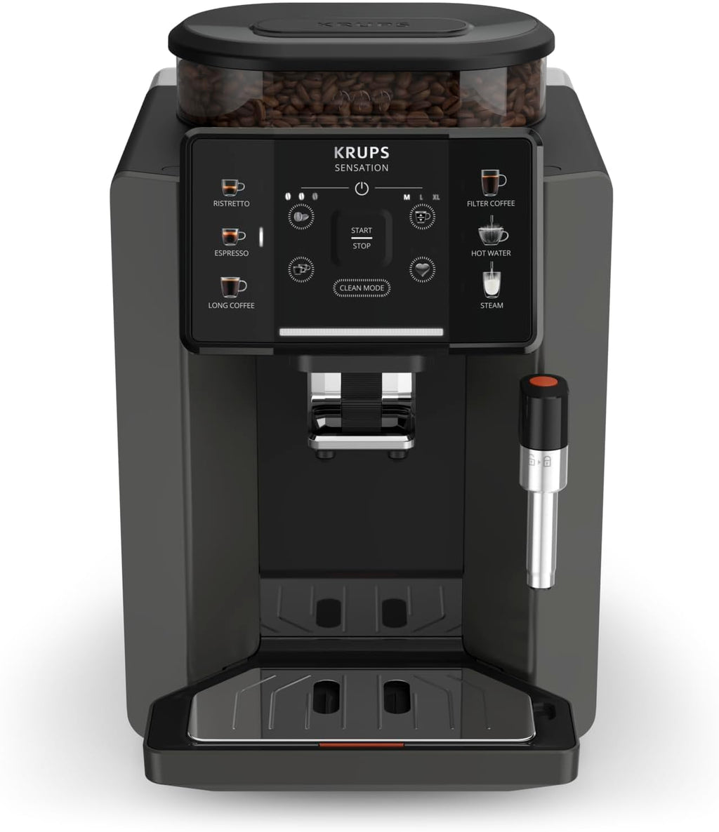 Krups Sensation Macchina da Caffè Automatica, Lancia Vapore, 5 Bevande, Funzione Caffè Filtro, Funzione 2 Tazze, Caffettiera, Nero, EA910810