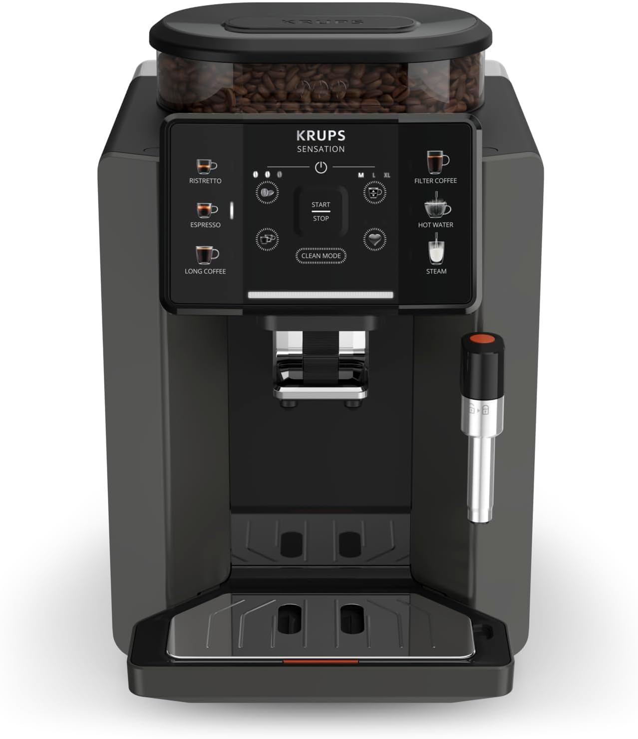 Krups Sensation Macchina da Caffè Automatica, Lancia Vapore, 5 Bevande, Funzione Caffè Filtro, Funzione 2 Tazze, Caffettiera, Nero, EA910810
