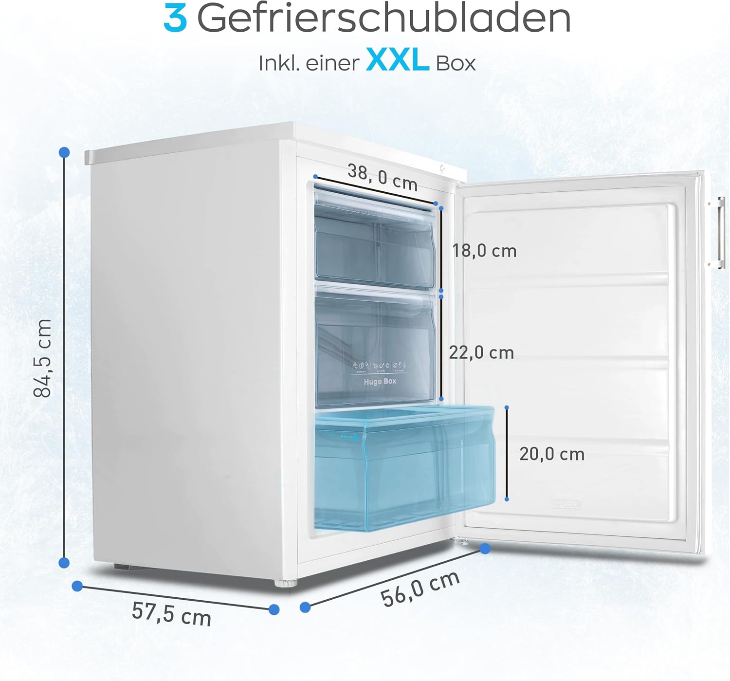 Congelatore Heinrich 61 litri -18°C, 3 cassetti congelatore, regolatore temperatura a 7 livelli, Airflow, porta reversibile, bianco