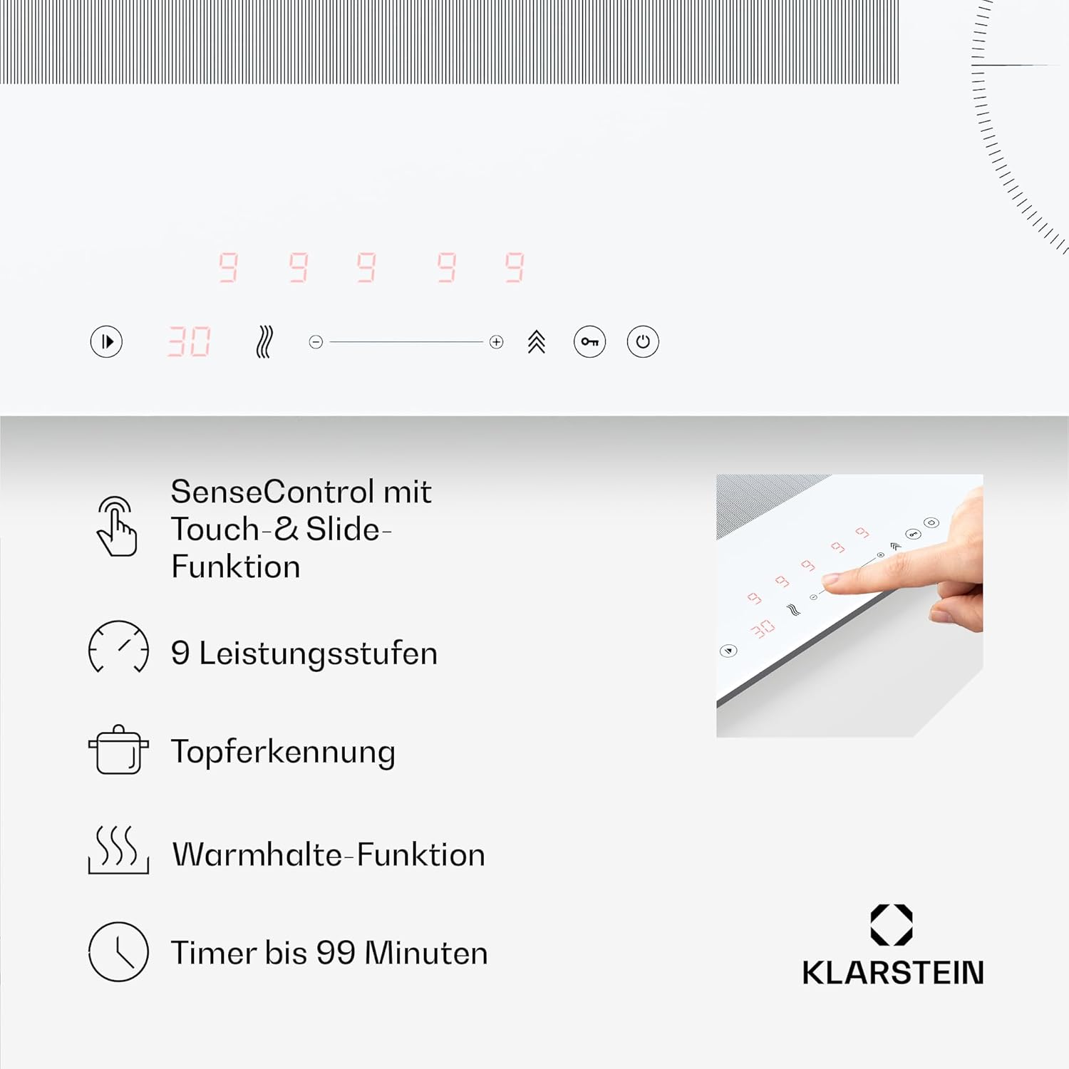 Klarstein Piano Cottura a Induzione, Piano Cottura in Vetroceramica, con 4 Piastre, Incasso con Display Touch, Display Digitale e Funzione Timer, Riscaldamento Veloce, 7000 Watt