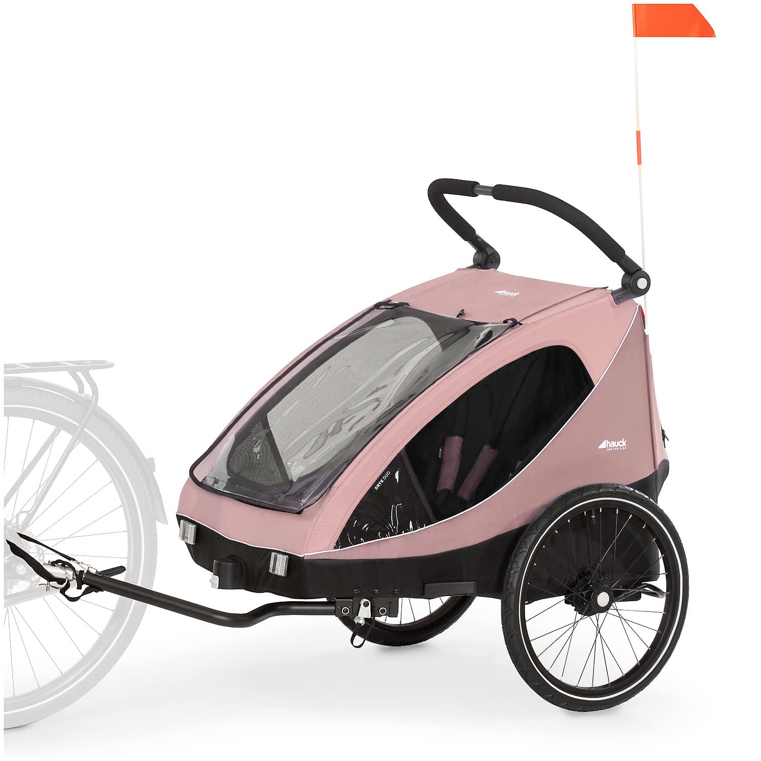 hauck Rimorchio Bici & Passeggino Dryk Duo Plus con Sospensioni, per 2 Bambini (6-48 mesi), incl. Timone, Ruota da Passeggino, Bandierina e Luce LED, Pieghevole, Regolabile in Altezza, Baule XL (Verde Scuro)