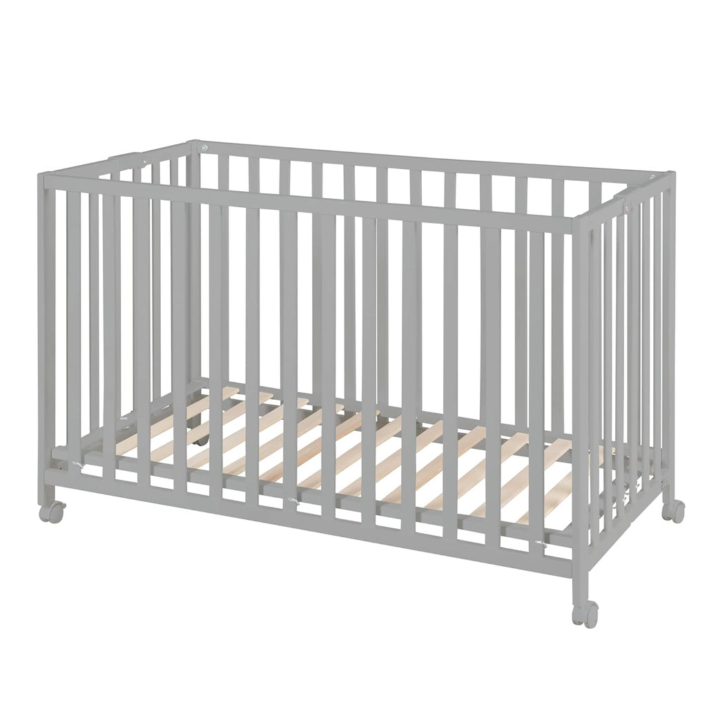 roba Klappbett Fold Up 60 x 120 - Klappbares Babybett aus Holz - 2-fach höhenverstellbar - Platzsparendes Gitterbett auf Rollen - Weiß