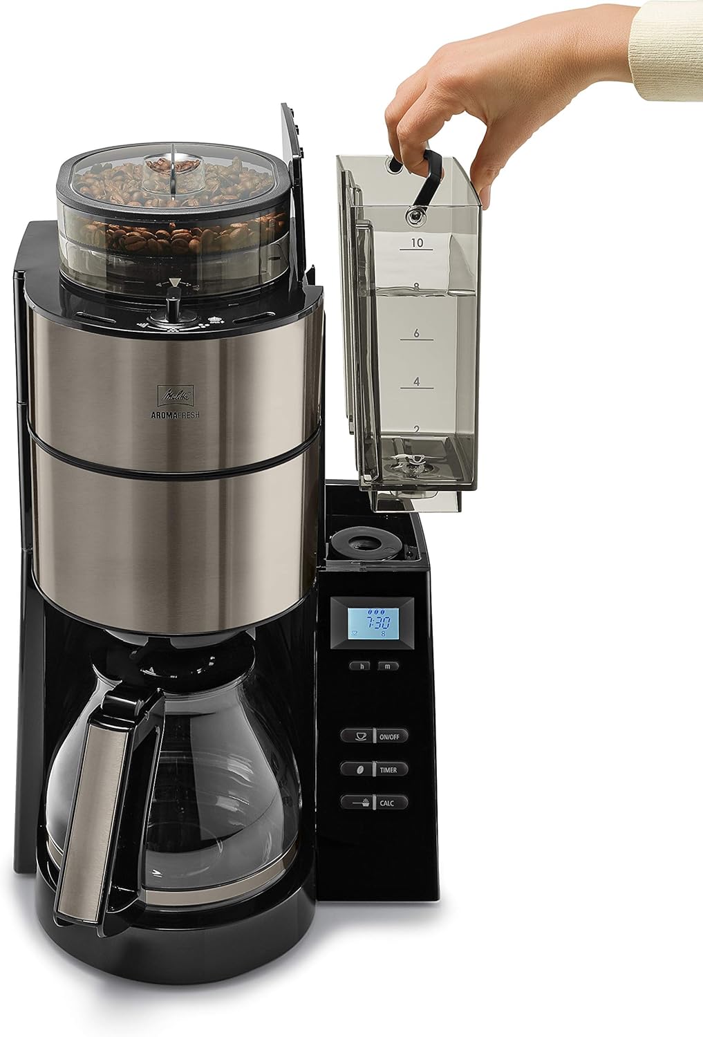 Melitta AromaFresh - Macchina da caffè con filtro - con caraffa in vetro - macinacaffè integrato - funzione timer - 10 tazze - Pure Black