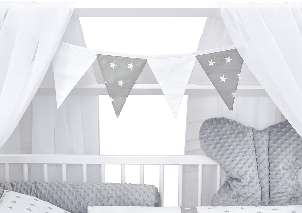 Baby Delux Lettino per Bambini Set Completo Casetta 60x120 cm Bianco con Cassetto Sponda Paracolpi Materasso Biancheria da Letto Set Decorativo (Stelle del Principe)