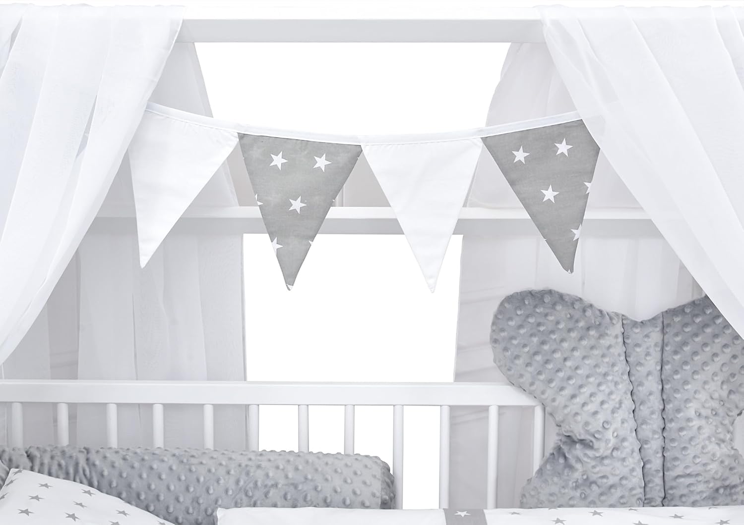 Baby Delux Lettino per Bambini Set Completo Casetta 60x120 cm Bianco con Cassetto Sponda Paracolpi Materasso Biancheria da Letto Set Decorativo (Stelle del Principe)