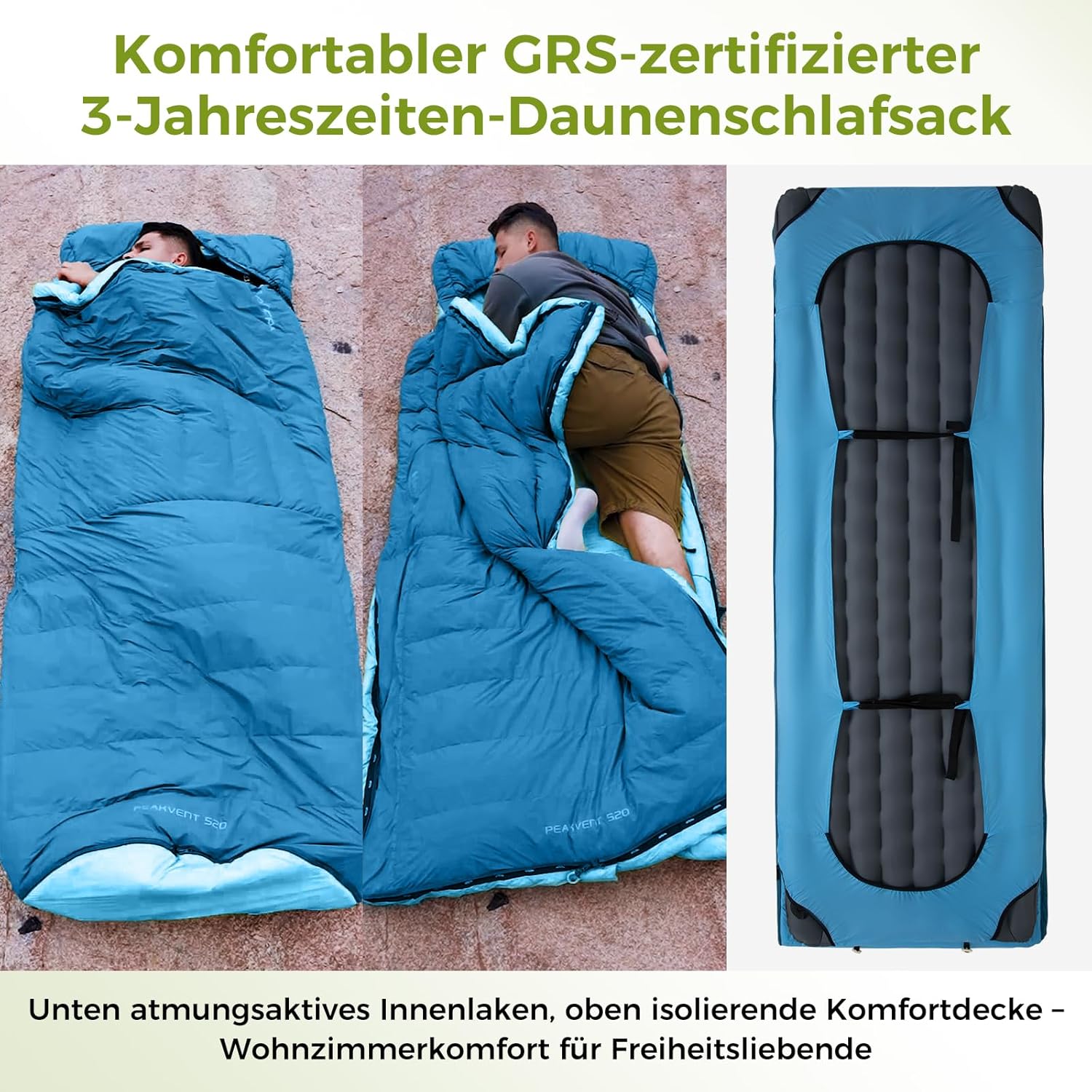 ATEPA Daunen Schlafsack Winter mit abnehmbare Decke, daunen Schlafsack XXL für 3-4 Jahreszeiten mit mattenbefestigung, Fußkasten, Zwei-Wege-Reißverschluss, Camping Outdoor