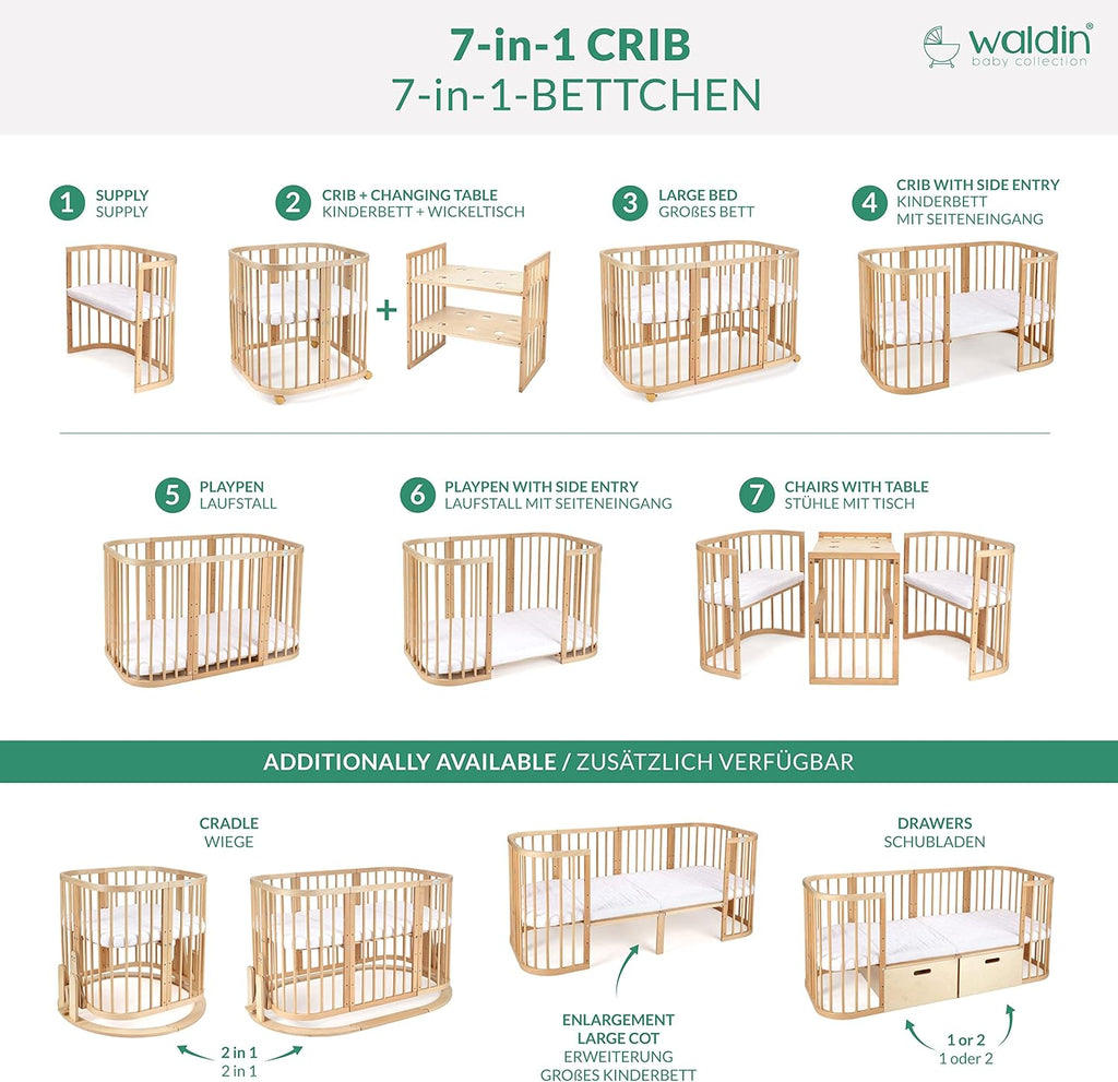Waldin Lettino per bambini in legno 7in1 con materasso, Letto "Cresci con me", Ventilato, Base regolabile in 5 altezze, Set All-Inclusive, Legno Bianco