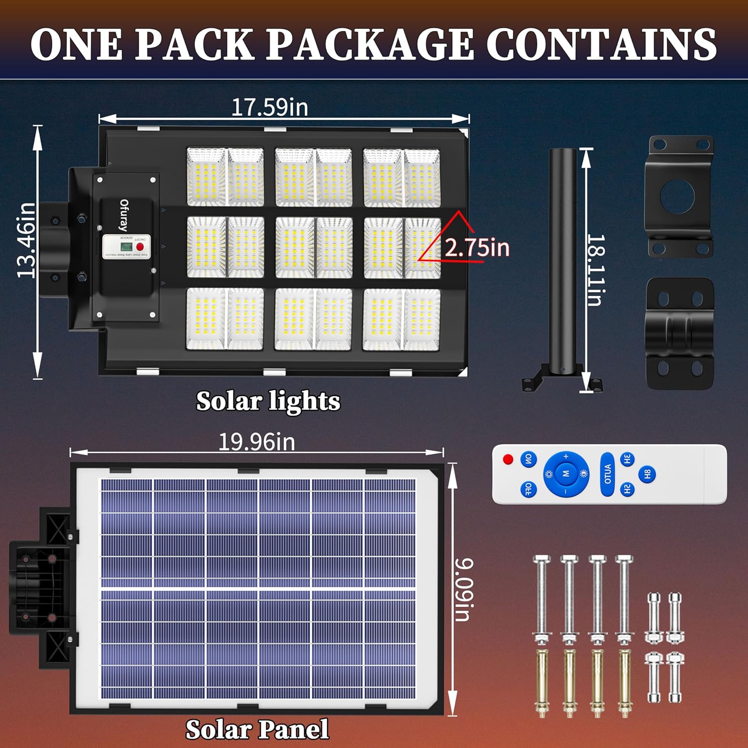 Ofuray 2000W Solar Straßenlaterne für Außen, 200000LM Solarlampen für Außen mit Bewegungsmelder, 6500K Solarleuchten Dämmerung bis zum Morgengrauen, IP67 Wasserdichte wegeleuchte für Parkplatz, Hof