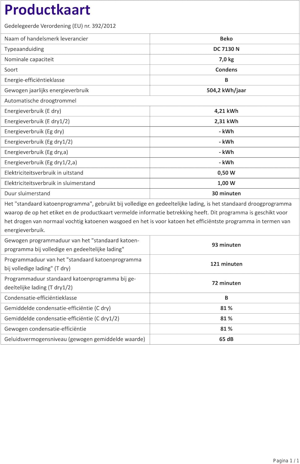 Beko DC 7130 N b100 Asciugatrice a condensazione, 7 kg, Sensore di umidità elettronico, Protezione antipiega automatica, Cesto AquaWave, 15 programmi, Programma rapido