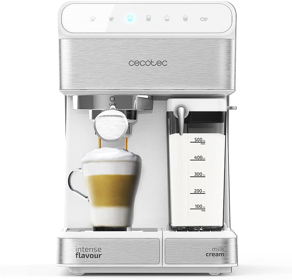 Cecotec Halbautomatische Espressomaschine Power Instant-ccino 20 Touch Serie Nera. 1350 W, 20 Bar Druck, 500 ml Milchtank, Touch-Steuerung, 1,4 Liter Wassertank, Edelstahl-Finish