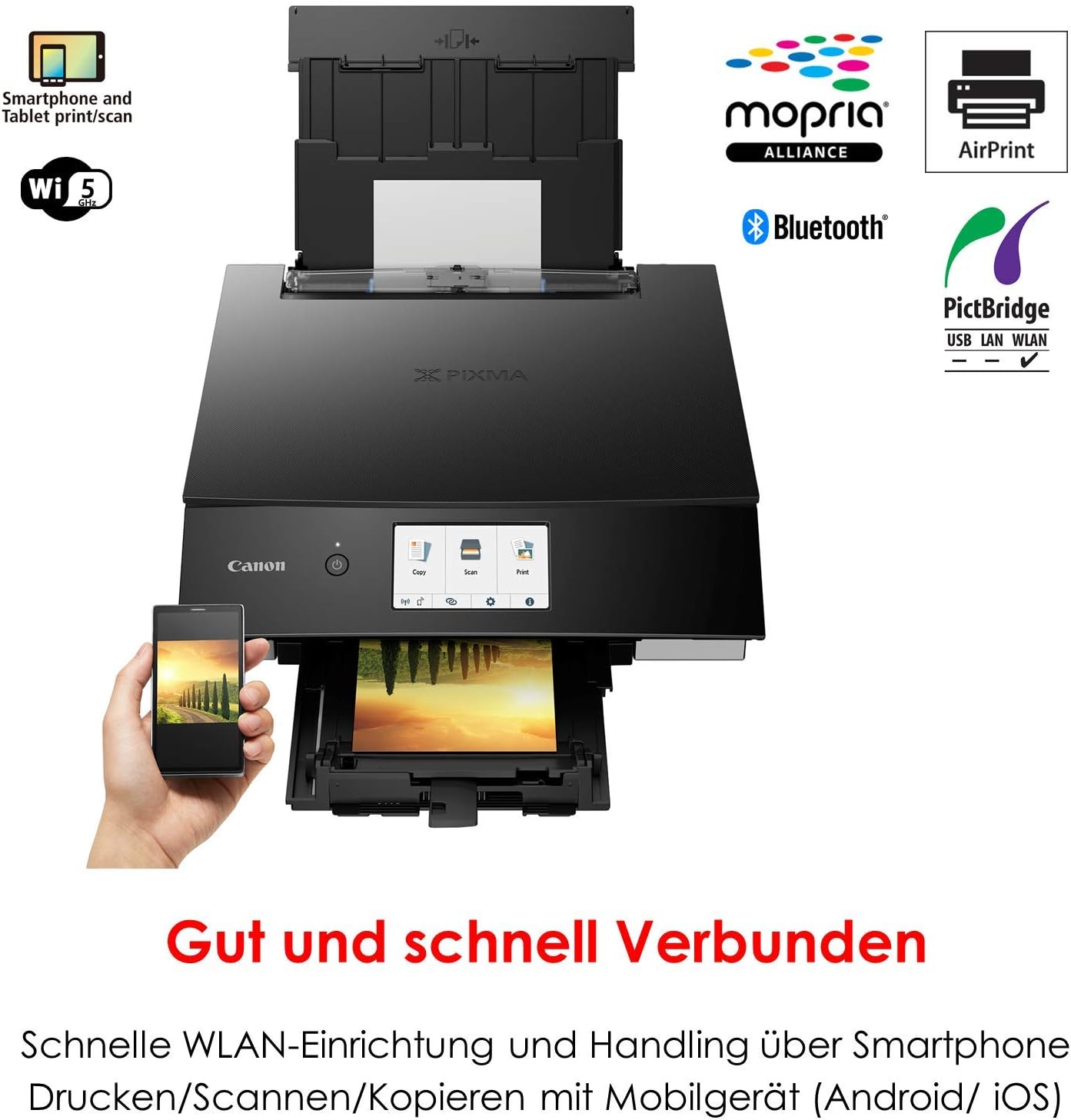 Canon PIXMA TS8351a Stampante multifunzione a getto d'inchiostro a colori DIN A4 (scanner, fotocopiatrice, 4.800 x 1.200 dpi, 6 inchiostri separati, USB, WLAN, AirPrint, stampa fronte/retro, 2 alimentatori carta, 5 GHz), bianco
