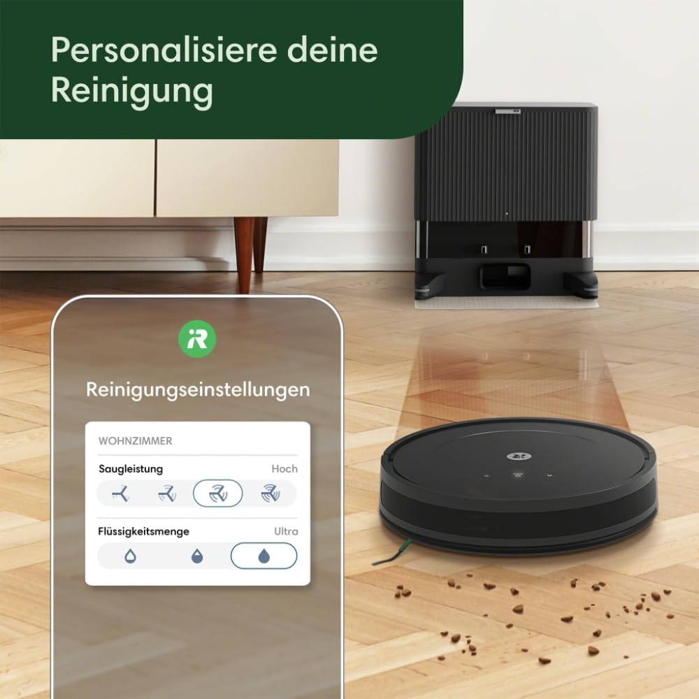 Robot aspirapolvere e lavapavimenti iRobot Roomba Combo Essential (Y0112), potente aspirazione e lavaggio, sistema di pulizia a 4 fasi, 3 livelli di aspirazione, pulizia Spot, controllabile tramite app, pulsanti o voce, Bianco