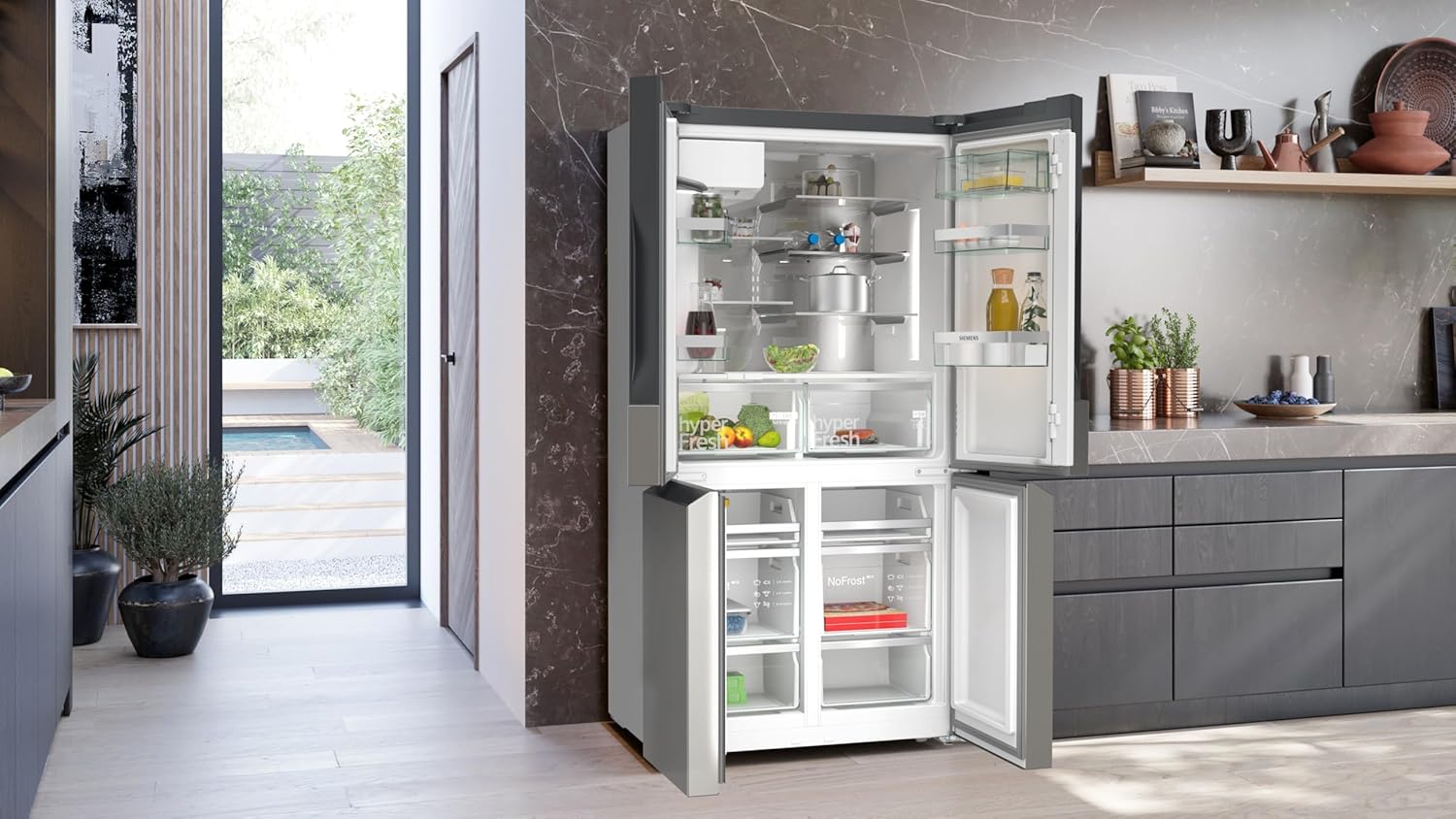 Frigorifero Multic дверный SIEMENS KF96NVPEA iQ300, 183 x 91 cm, 405 L di refrigerazione e 200 L di congelamento, hyperFresh per una freschezza più duratura, noFrost per non sbrinare mai più, superCooling per un raffreddamento più rapido