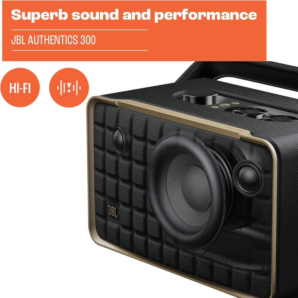 JBL Authentics 200 Smart Home Altoparlante – Cassa Bluetooth dal design retrò anni '70 – Con griglia Quadrex, Google Assistant, Alexa, AirPlay e JBL One App – Nero