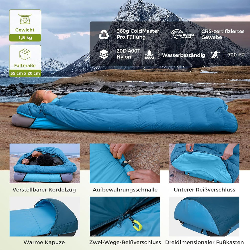 ATEPA Daunen Schlafsack Winter mit abnehmbare Decke, daunen Schlafsack XXL für 3-4 Jahreszeiten mit mattenbefestigung, Fußkasten, Zwei-Wege-Reißverschluss, Camping Outdoor