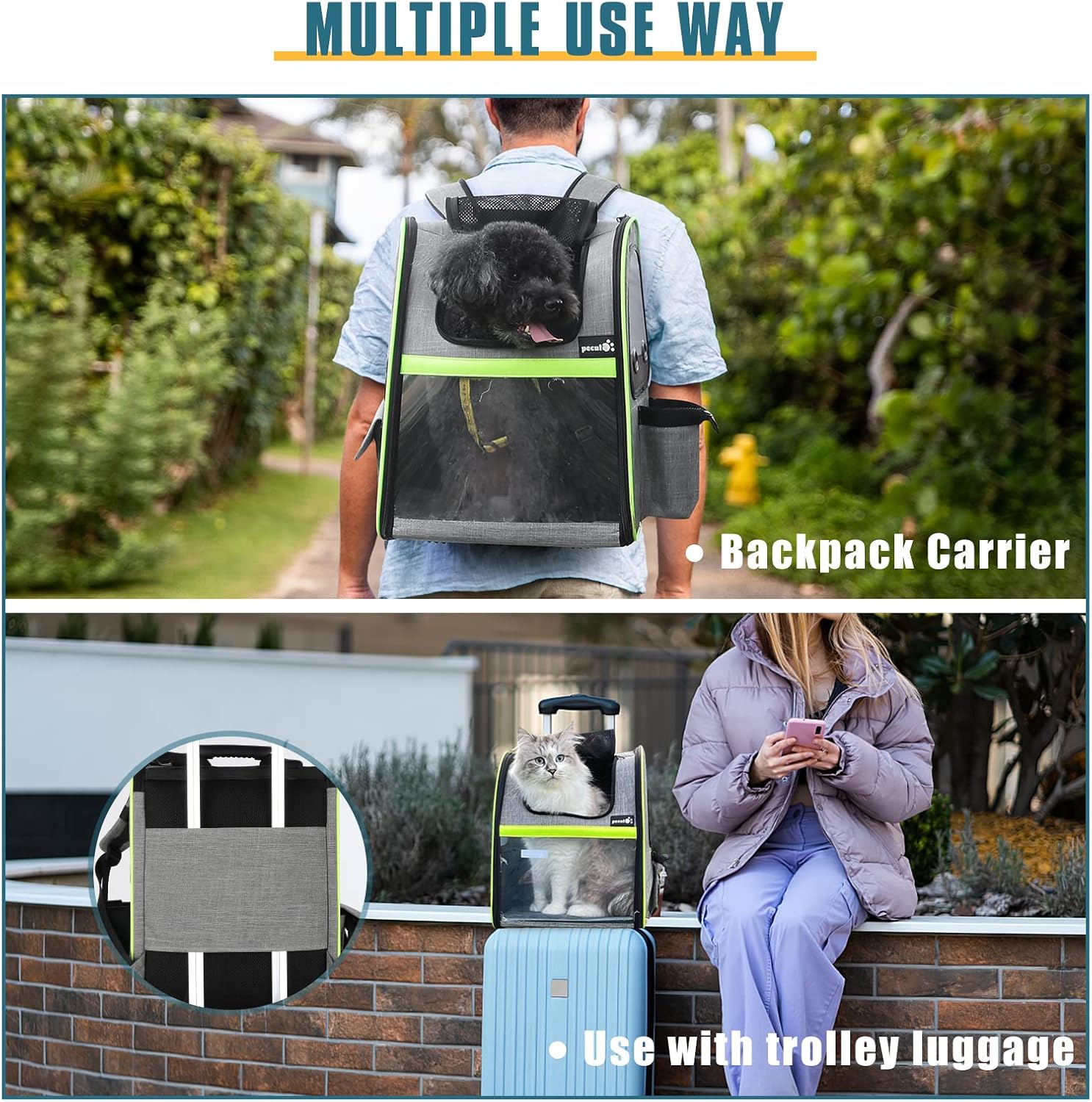 pecute Hunderucksack Erweiterbar, Faltbar Katzenrucksack Katzen mit Anti-offener Reiverschluss, Rucksack Hund mit Netz Fenster Grau XL, für Hunde Katzen Haustiere (40 * 33 * 49cm)