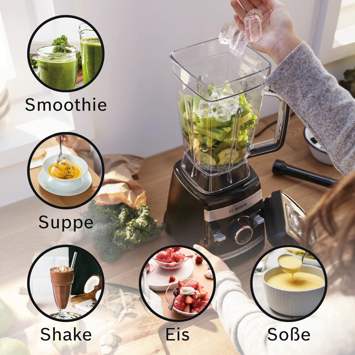 Bosch Frullatore VitaBoost MMBH6P6BDE, lama a 6 punte in acciaio inox, caraffa in Tritan da 2,5l, pestello, 6 programmi automatici, ricettario, senza BPA, facile da pulire, 45.000 giri/min, 1600 W, nero