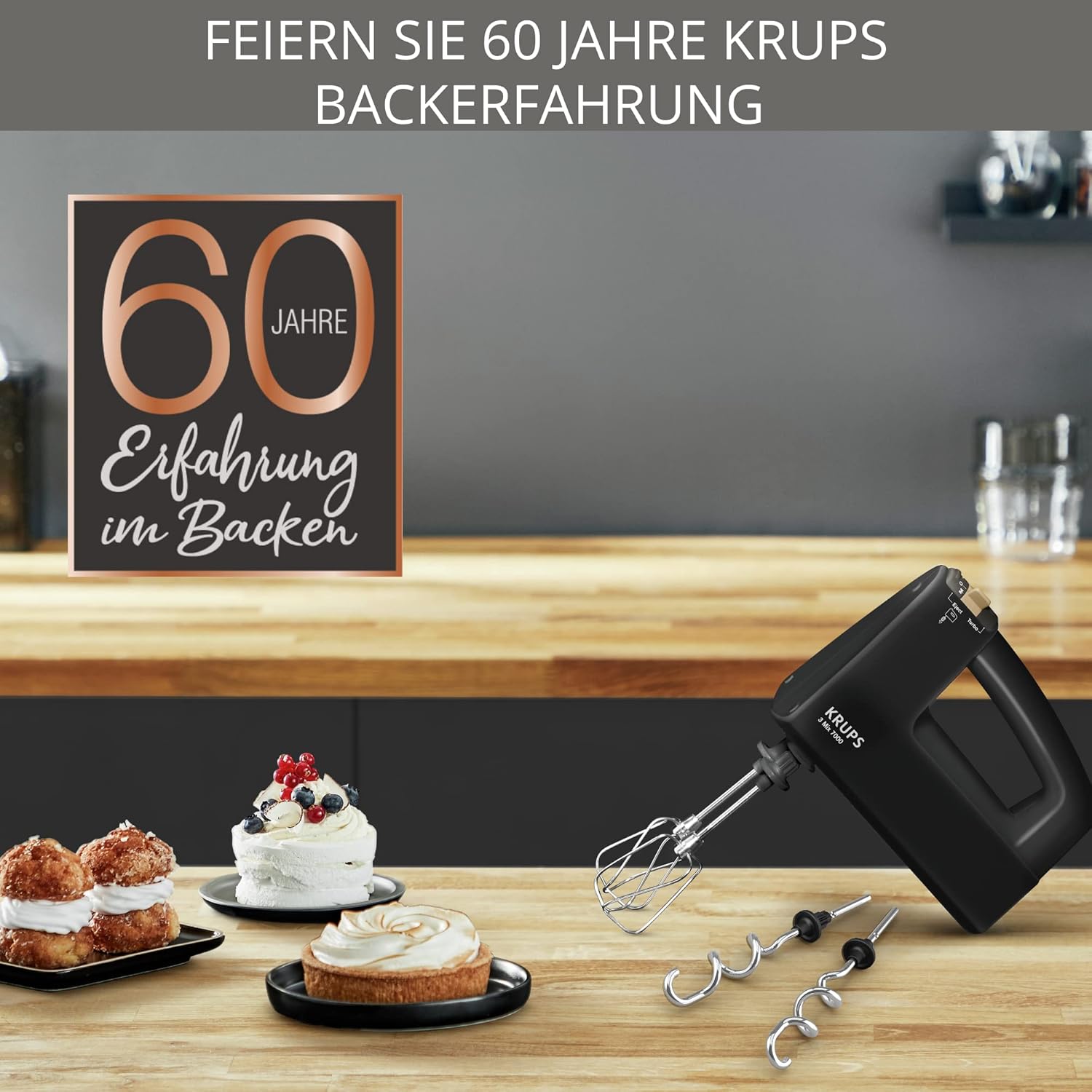Krups 3Mix 7000 Sbattitore Manuale Edizione Speciale 60 Anni, 500 Watt, Ganci per Impastare e Fruste in Acciaio Inox, Cavo di Alimentazione Lungo, Borsa per Accessori, F6085811, Nero/Rame