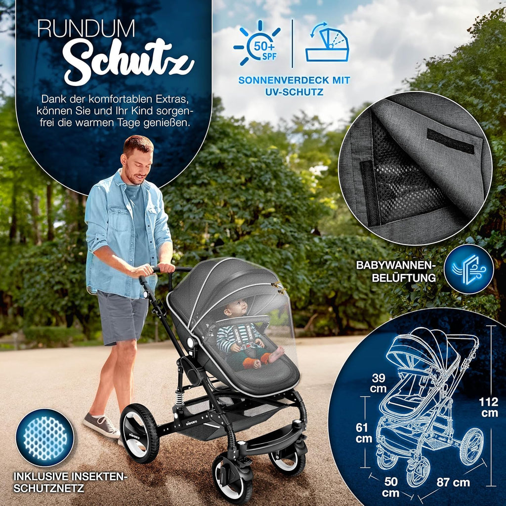 KIDUKU® Set completo passeggino 3 in 1 | Set passeggino combinato con navicella e sedile sportivo passeggino e seggiolino auto ovetto sacco a pelo | Ruote in gomma piena borsa per il cambio scaldamani parapioggia tavolino ECE R129